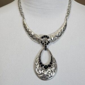 Silver Tone Statement‎ Necklace Black Rhinestone Filigree Teardrop Pendant